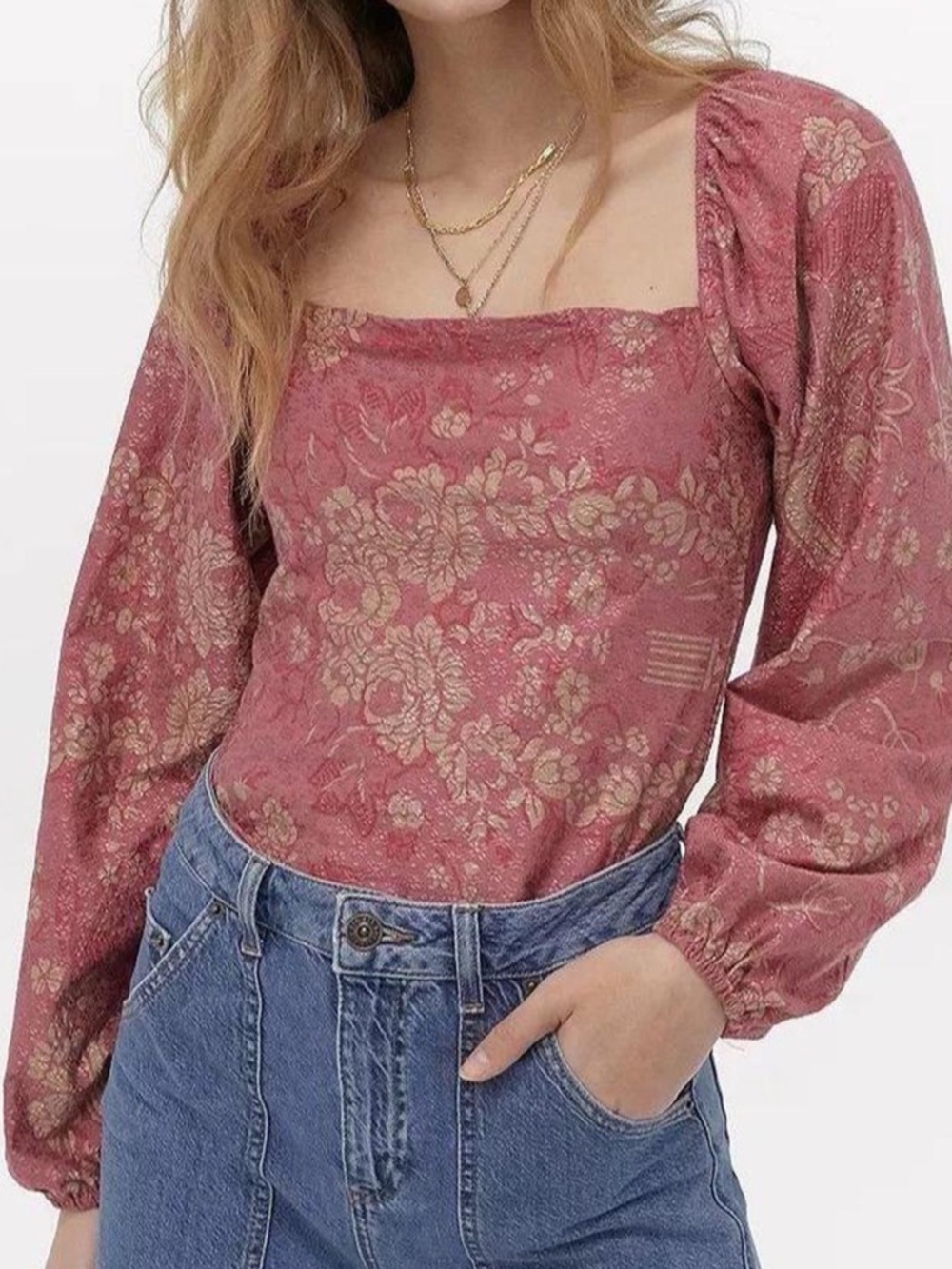 Kimchi Blue Rose-Metallic Floral Square-Neck Long Sleeve Top